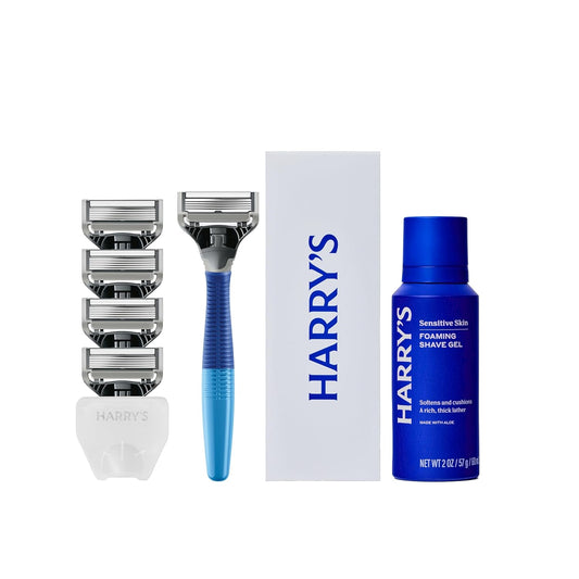 Shaving Kit for Men - Razor Handle, 5 Razor Blade Refills, Foaming Shave Gel, and Travel Blade Cover - Ocean Blue