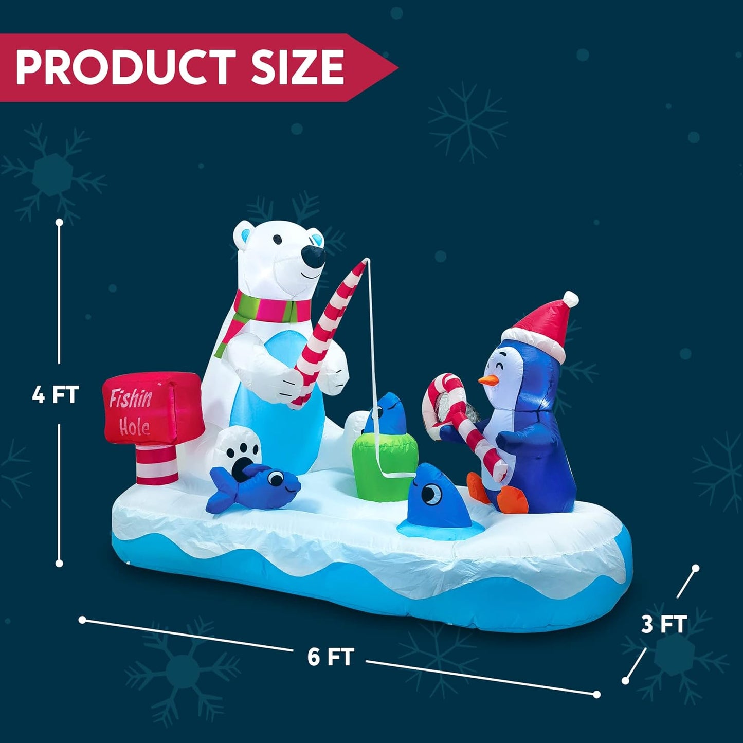 (6FT) Long Christmas Inflatable Penguin & Polar Bear Decoration, Blow Up Yard Fishing Hole Sign w/ Build-in LEDs Decorations