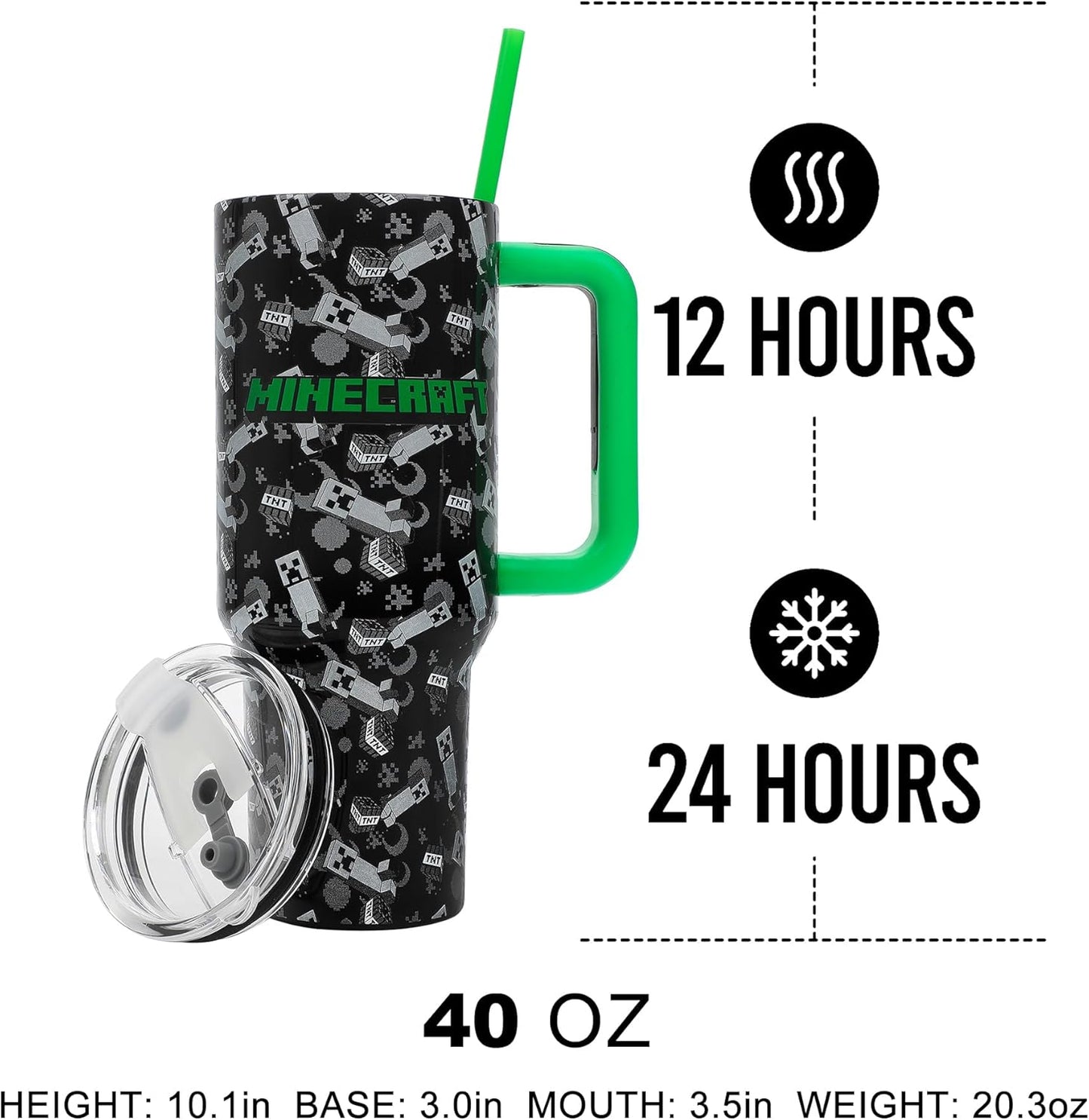 Insulated Stainless Steel Tumbler w/ Reusable Straw & Leak-Proof Lid Easy Carry Handle 40oz (Minecraft)