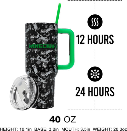 Insulated Stainless Steel Tumbler w/ Reusable Straw & Leak-Proof Lid Easy Carry Handle 40oz (Minecraft)
