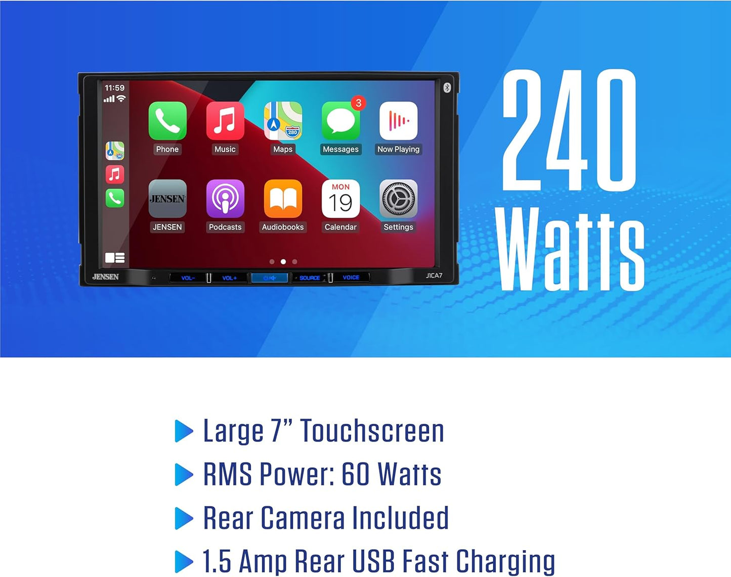 Double DIN 7" Apple CarPlay Android Auto Touchscreen Car Stereo Radio Bluetooth Hands Free Calling & Music Streaming Backup Camera Included