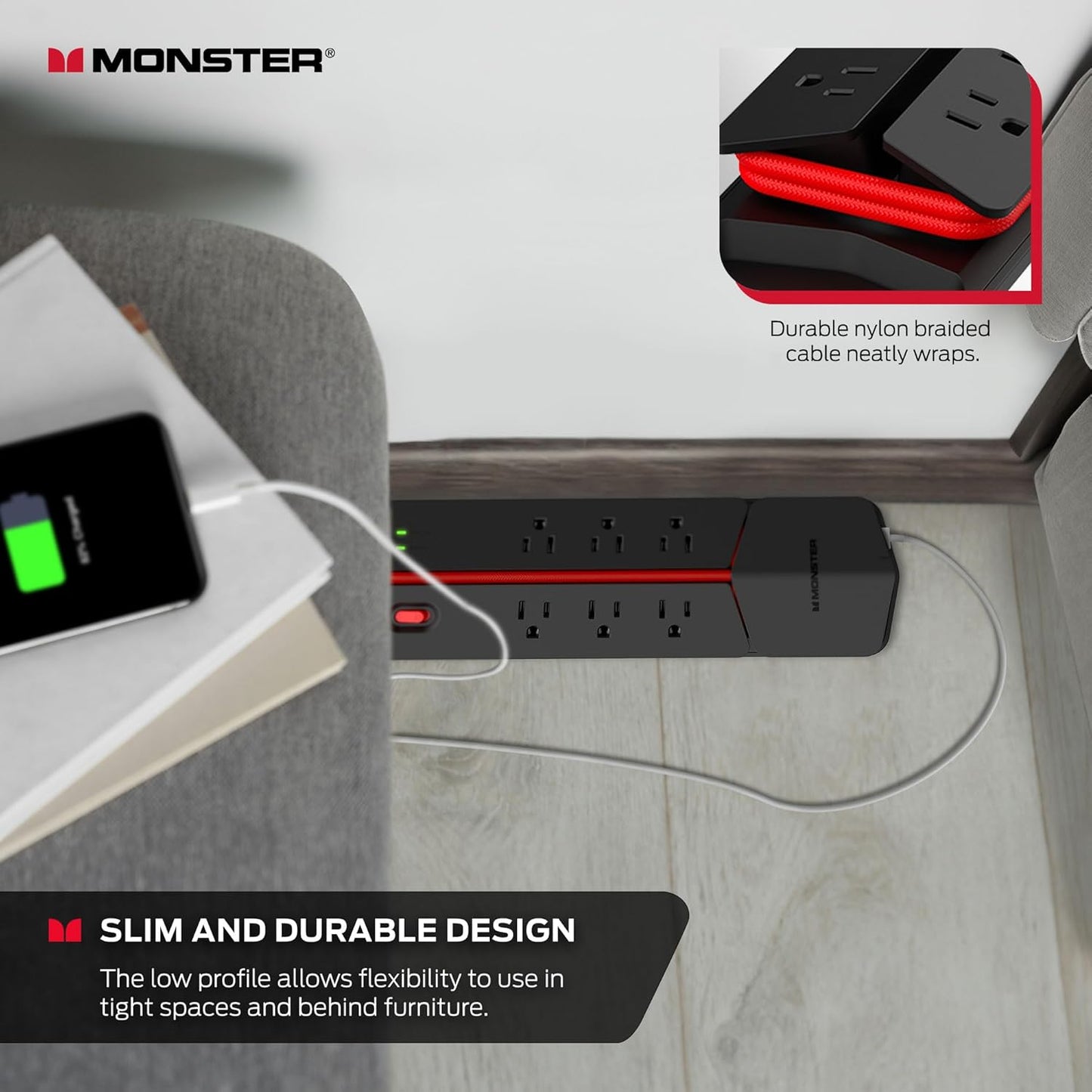 Monster Power Center Vertex Surge Protector with Detachable USB Power Strip, Surge Protector Power Strip - 6 AC Outlets, 2 USB-A Ports &1 USB-C Port