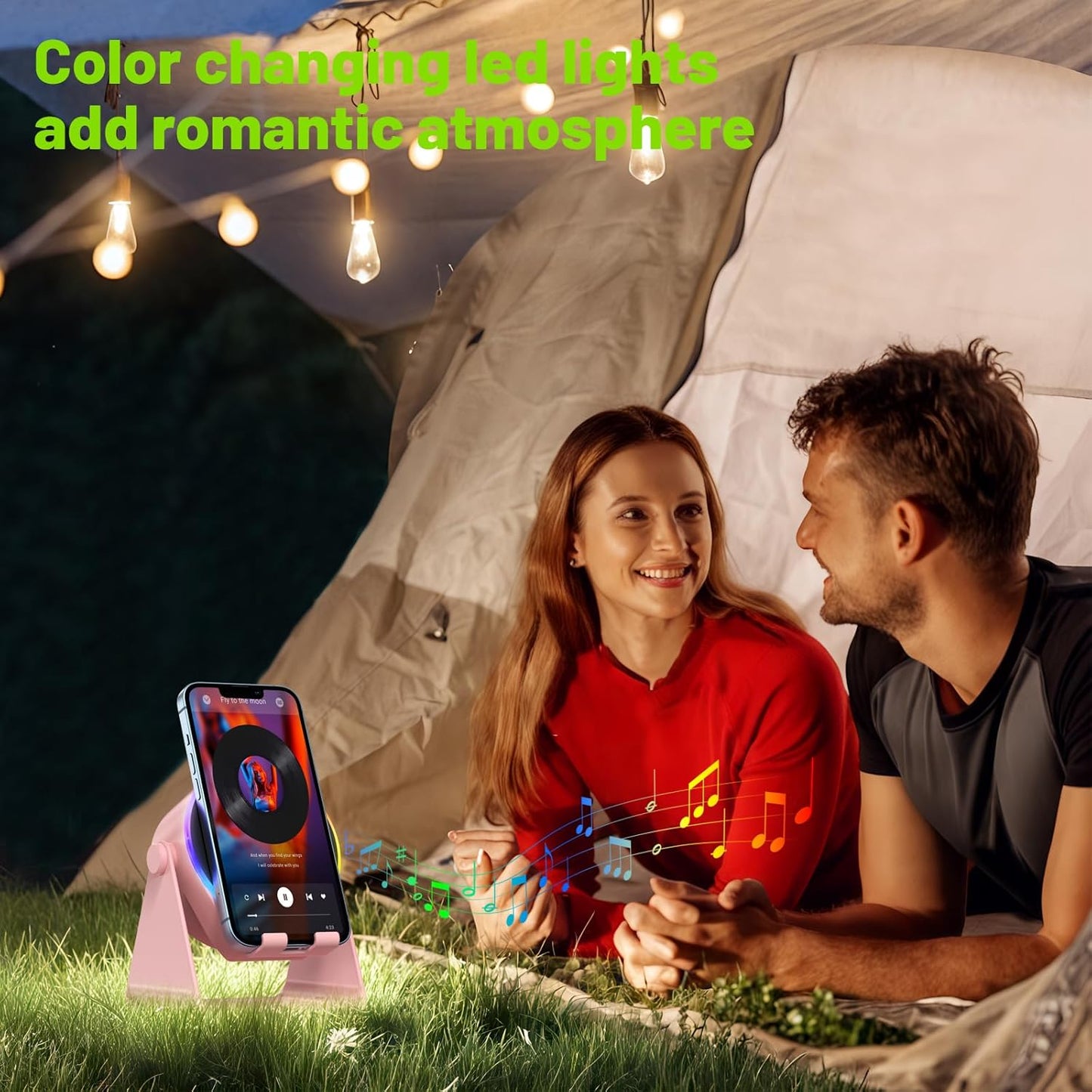 Wireless Induction Audio Bluetooth Speaker, 4 in 1 Phone Stand Speakers Amplifier with Colorful Ambient Light,360° Adjustable Holder - Pink