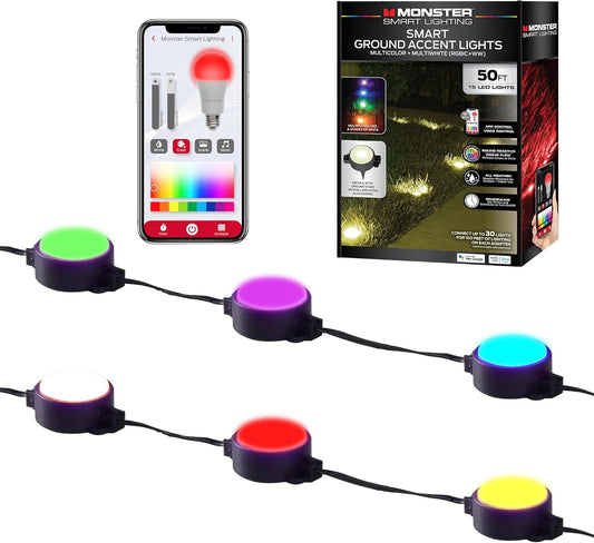 Monster Smart Outdoor Ground Accent RGB+IC+WW LED-ligte, 15 m, 15 LED's, Klankreaktief, Grondpenne & Muur-/Plafonmonterings, Weer- en IP44-waterbestand, Werk met Alexa, Siri, Google Home, Toepassing
