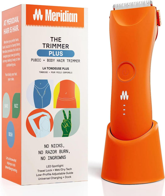 MERIDIAN Trimmer Plus Liggaamshaar-skeerapparaat, Verstelbare Beskermer, USB C-laai, Flitslig, Reisslot, Laaistasie, Bikini-skeerapparaat, Mansliggaamshaar-skeerapparaat – Blaze