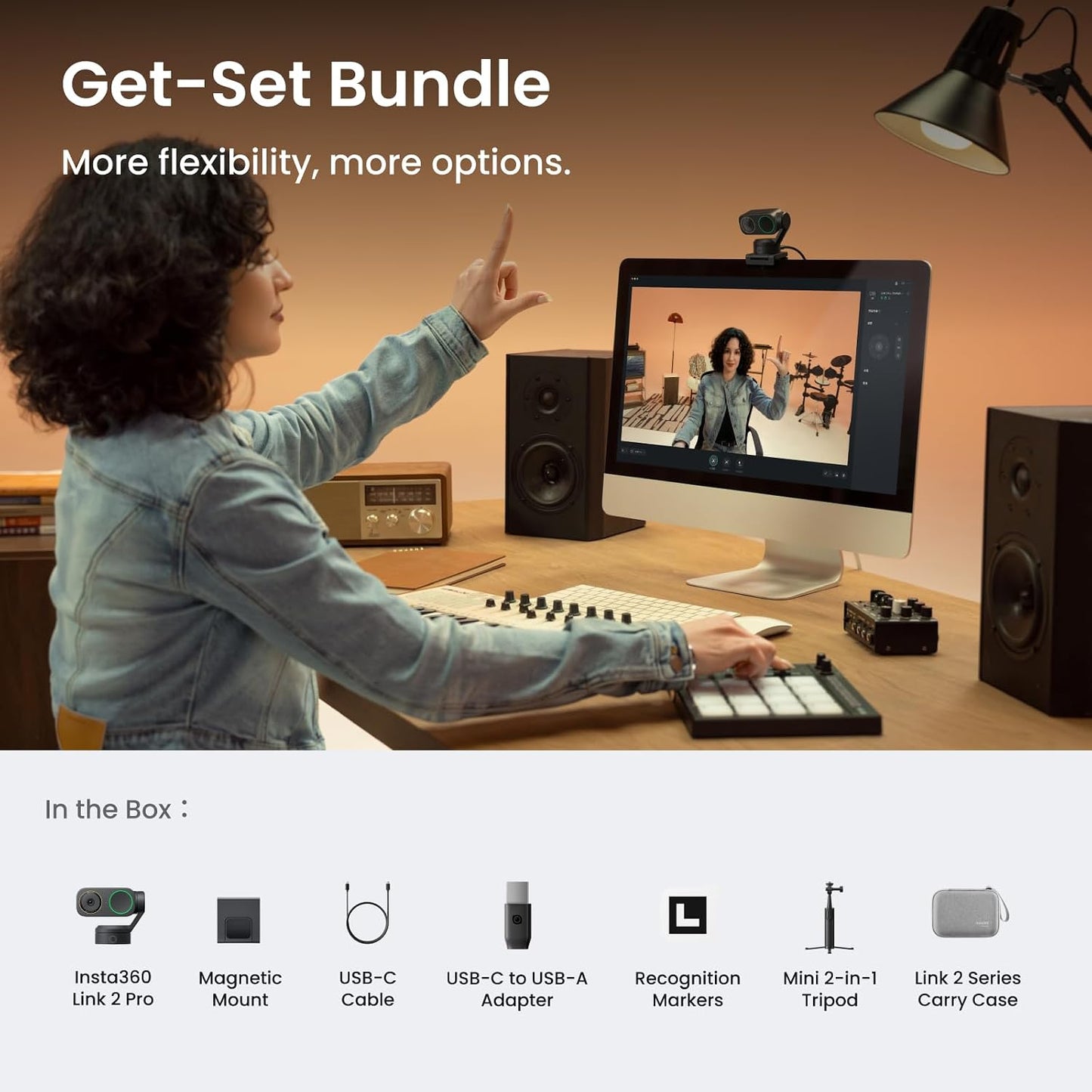 Insta360 Link 2 Pro Get-Set Bundle – 4K PTZ Webcam for PC/Mac, 1/1.3” Sensor, Low-Light, AI Tracking, HDR, Directional Noise-Canceling Mics, Supports Stream Deck, Zoom, Teams, Twitch for Streaming