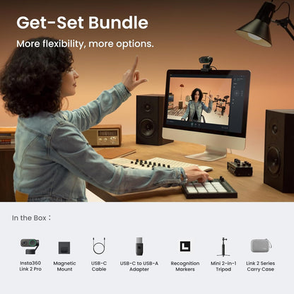 Insta360 Link 2 Pro Get-Set Bundle – 4K PTZ Webcam for PC/Mac, 1/1.3” Sensor, Low-Light, AI Tracking, HDR, Directional Noise-Canceling Mics, Supports Stream Deck, Zoom, Teams, Twitch for Streaming