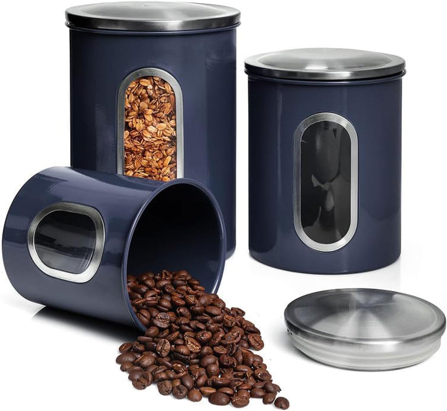 Mixpresso 3-stuk blou houerstel vir die kombuis, lugdigte houerstel met deursigtige venster, bergingsflesse vir koffiehouer, tee-organiseerder en suikerhouer, blou kombuishouers