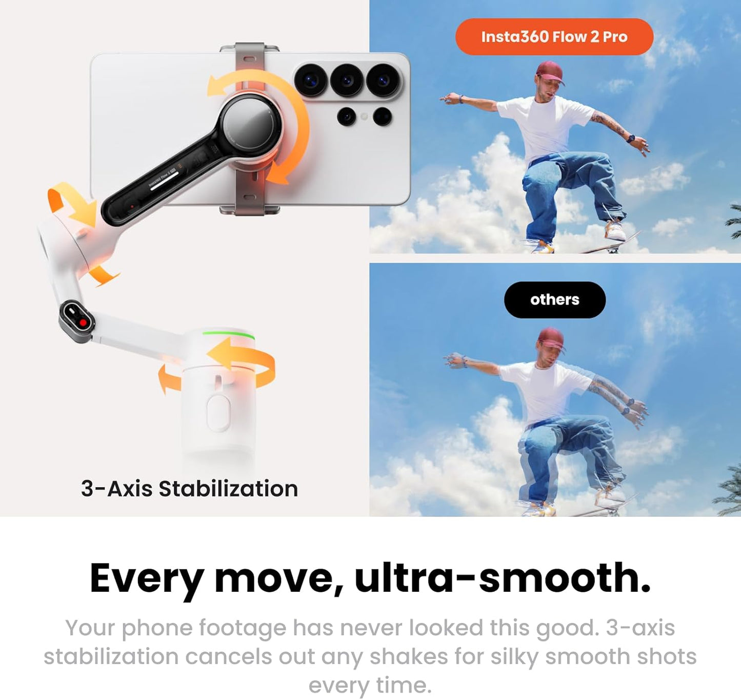 Insta360 Flow 2 Pro White - Industry-First AI Phone Gimbal with Apple DockKit, Pioneering 360º Pan Tracking, Free Tilt, Built-in Tripod/Selfie Stick, Portable Vlog/Travel Stabilizer