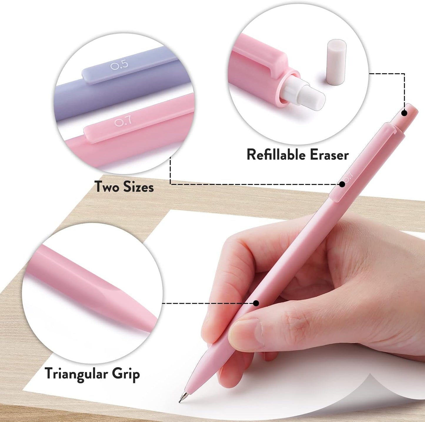 Cute Mechanical Pencil Sets, 6PCS Pastel 0.5 & 0.7mm w/ 360PCS HB Pencil Leads, 3PCS Erasers and 9PCS Eraser Refills, Aesthetic Mechanical Pencils