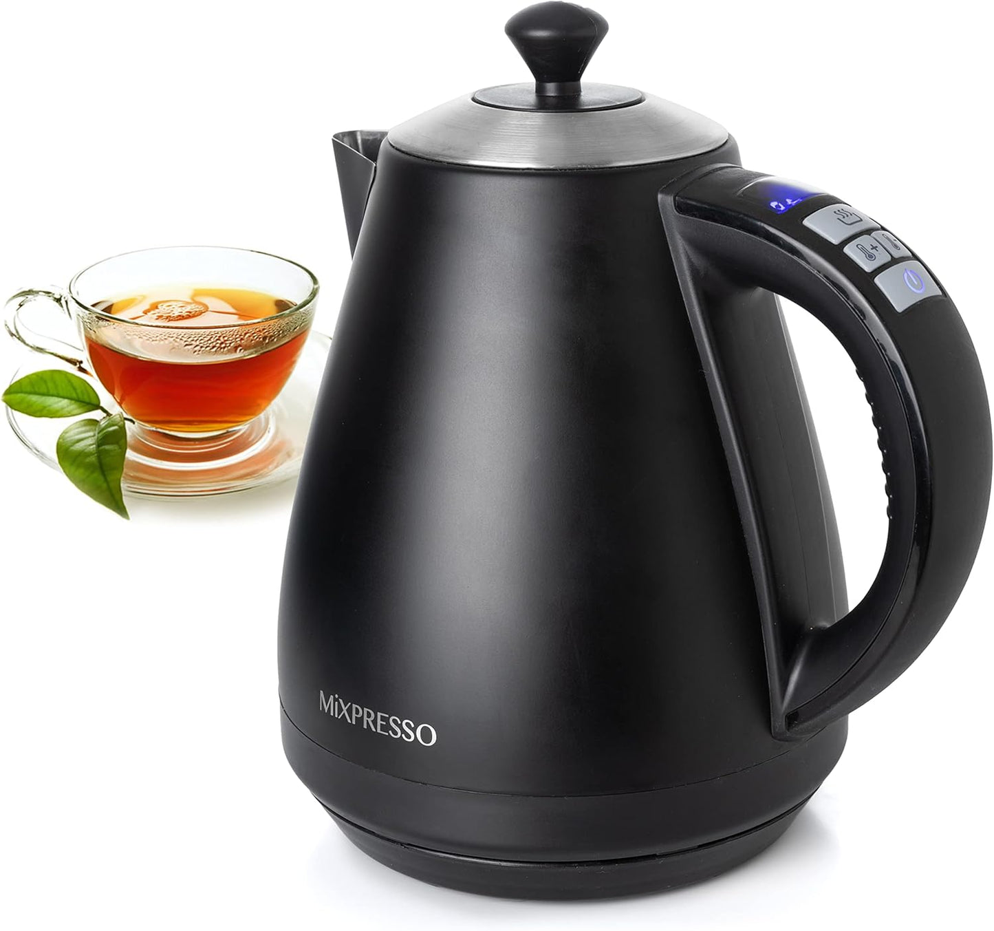 Mixpresso elektriese ketel met temperatuurbeheer, warmwaterketel elektries, koordloos, 1 liter-kapasiteit, hou warm- en LED-aanwyser, outomatiese afskakeling, droogkookbeskerming, swart elektriese ketel