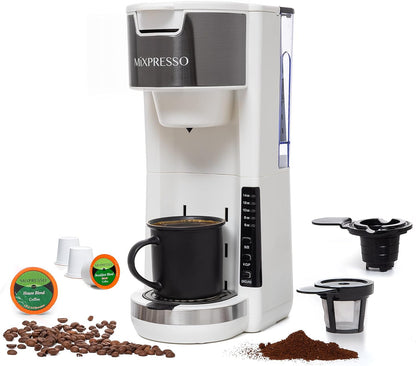 Mixpresso Wit Enkelbedien Koffiebrouer K-Cup Peule Versoenbaar & Gemaal, 30 oz Kompakte Koffiemaker Enkelbedien Met 5 Brougroottes Tot 14 Oz, Pas Reismbeker, Verstelbare Drupbak