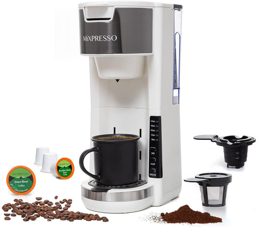 Mixpresso Wit Enkelbedien Koffiebrouer K-Cup Peule Versoenbaar & Gemaal, 30 oz Kompakte Koffiemaker Enkelbedien Met 5 Brougroottes Tot 14 Oz, Pas Reismbeker, Verstelbare Drupbak