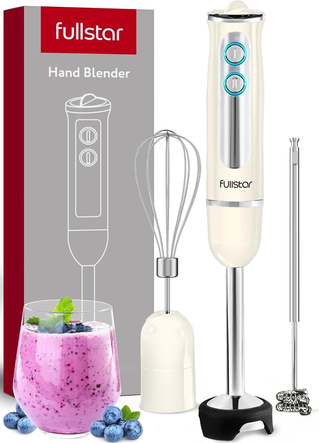 Fullstar Immersion Blender-stel, 9-spoed 500W Handgehoue Elektriese Handmenger, Smoothiemenger (3-in-1, Wit)