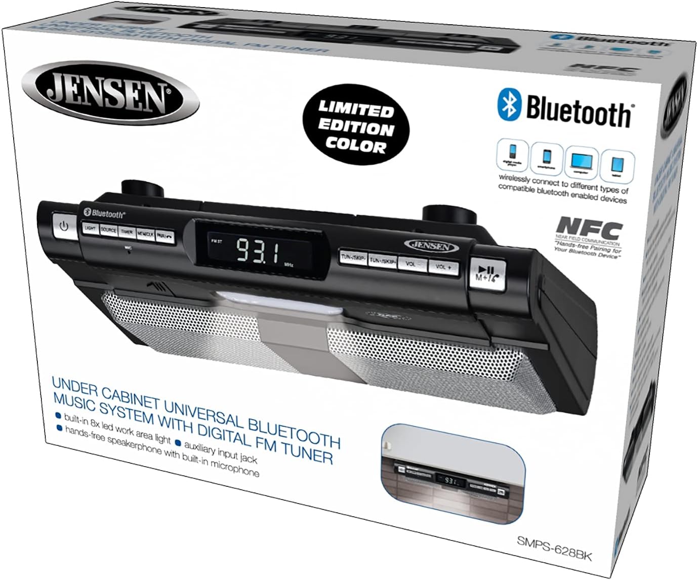 Modern Wireless Under Cabinet Kitchen Universal Bluetooth Music System, FM Radio, Clock LCD Digital Display , Built-in Hands-free Mic & Speakers (Includes Mounting Hardware)
