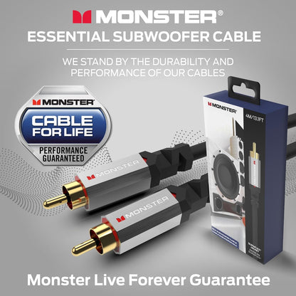 Monster Essentials Premium Subwooferkabelkonnektor vir Tuisflieks en Motors, RCA Subwoofer Oudiokabel, 13.1vt