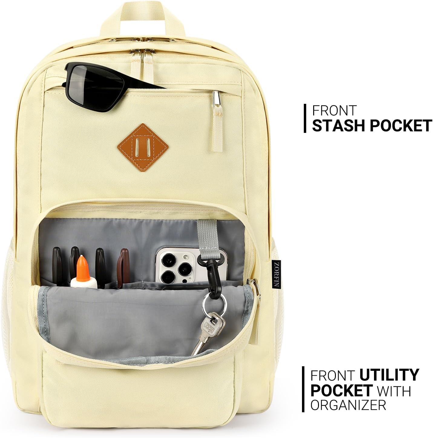 26L Backpack for School, College, and Travel: Water Resistant Bookbag with 8 Compartments - Beige