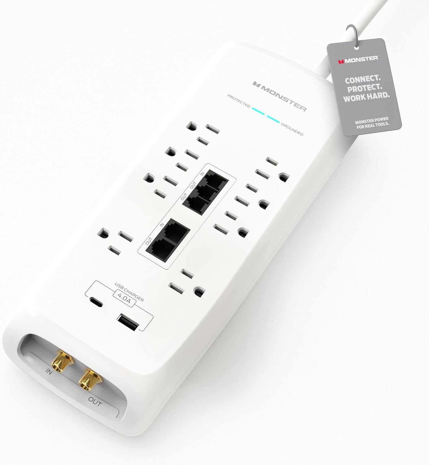 Monster Power Surge Protector w/ 4,050 Jules Rating — Heavy Duty Power Strips with Surge Protection, 8 Outlets, USB-A & USB-C, 2 Coax, 5 Ethernet Ports, Fireproof MOV, Dual Mode (6FT Cord, White)