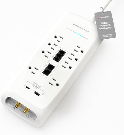 Monster Power Surge Protector w/ 4,050 Jules Rating — Heavy Duty Power Strips with Surge Protection, 8 Outlets, USB-A & USB-C, 2 Coax, 5 Ethernet Ports, Fireproof MOV, Dual Mode (6FT Cord, White)
