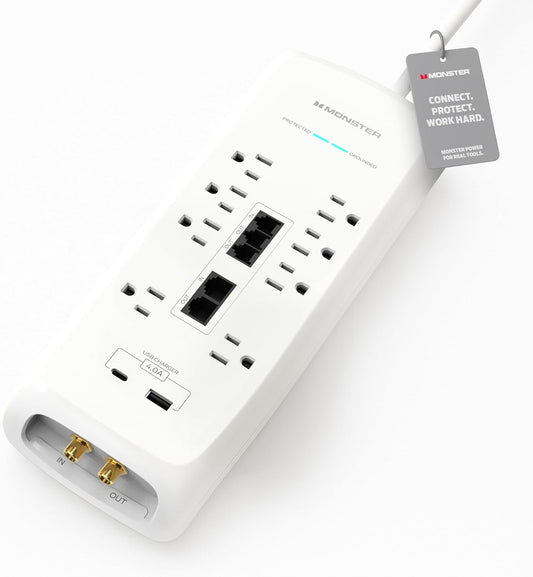 Monster Kragstuurbeskermer met 4 050 Joule-gradering – Swaardiens-kragstroke met stuurbeskerming, 8 afsetpunte, USB-A & USB-C, 2 Koaksiaal, 5 Ethernetpoorte, Vuurvaste MOV, Dubbelmodus (1.8m koord, Wit)