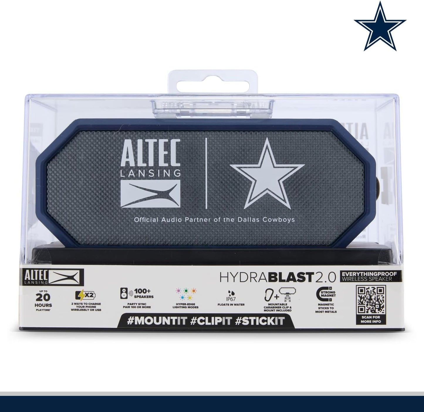 Draagbare Bluetooth-luidspreker HYDRABLAST 2.0, Waterdig IP67, 20W Uitsetkrag, Magnetiese Bluetooth-luidspreker (Dallas Cowboys)