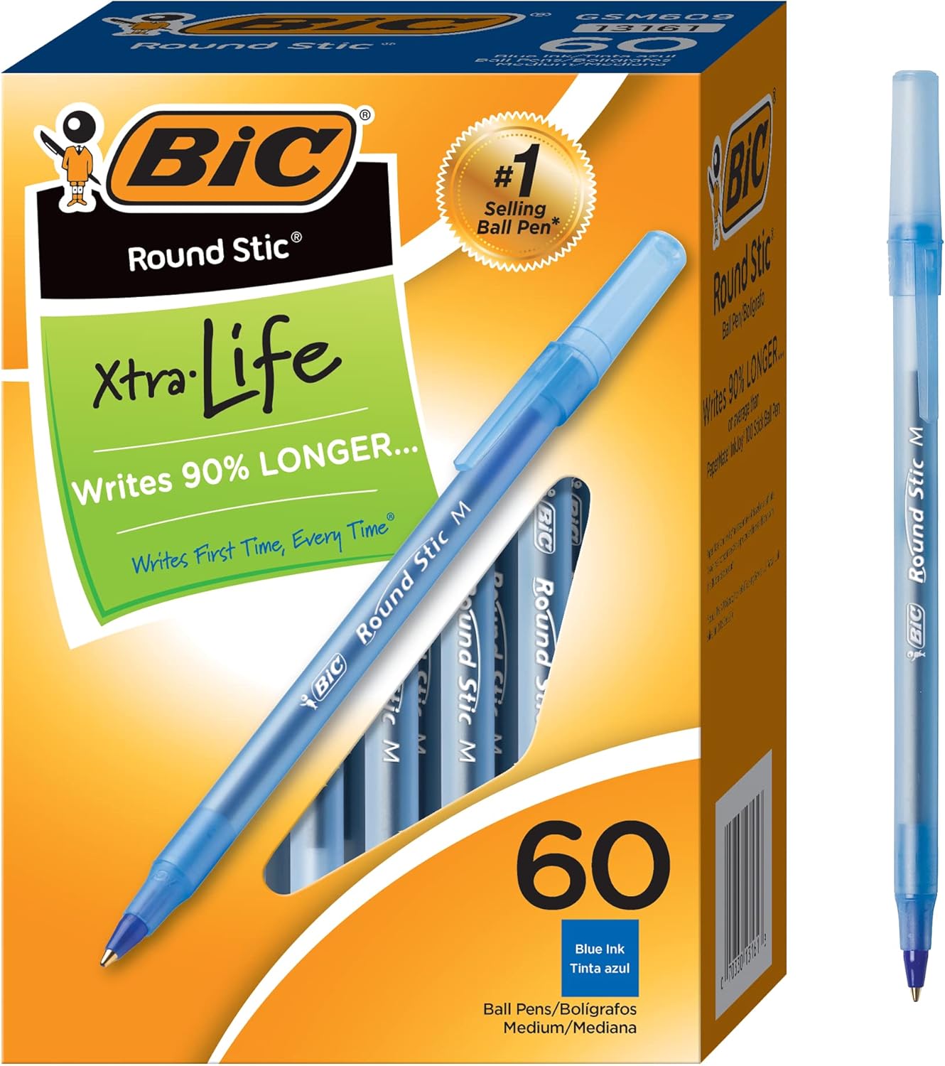 BIC Round Stic Xtra Life Ballpoint Pen with 1.0 mm Medium Point 60CT Blue Ink - (Pack of 2)