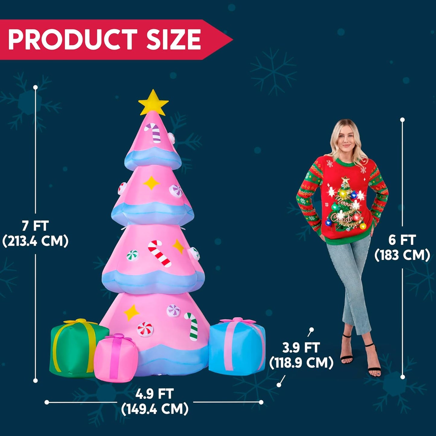 7 FT Tall Christmas Pink Tree Inflatables Outdoor Decoration w/ 3 Gift Boxes, Build-in LEDs