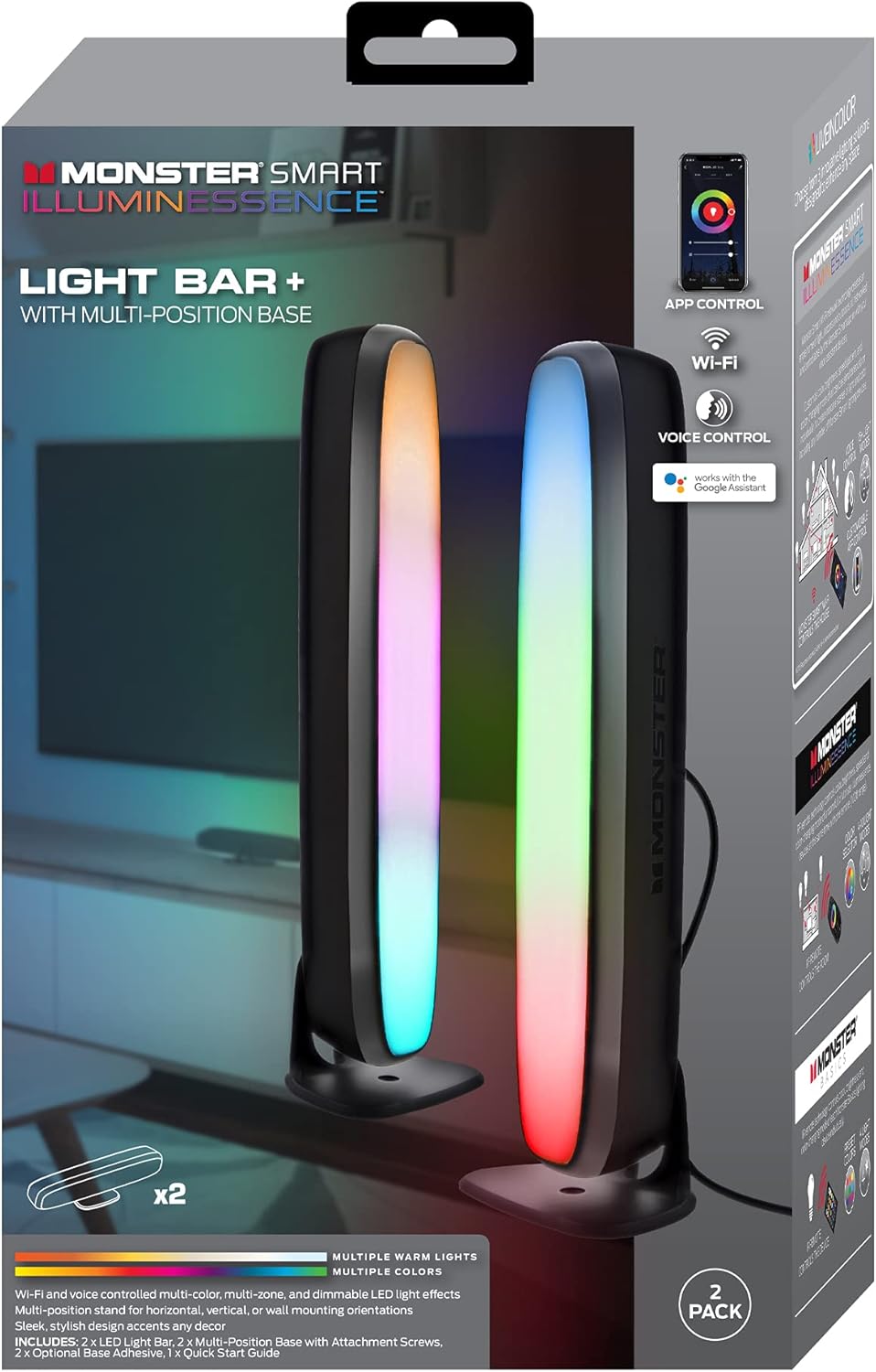 Monster Illuminessence Multi-Color Light Bar with Multi-Position Base, Customizable, Make Changes Anywhere with Mobile App, Compatible with Alexa, Google Assistant, Siri, 2-Pack
