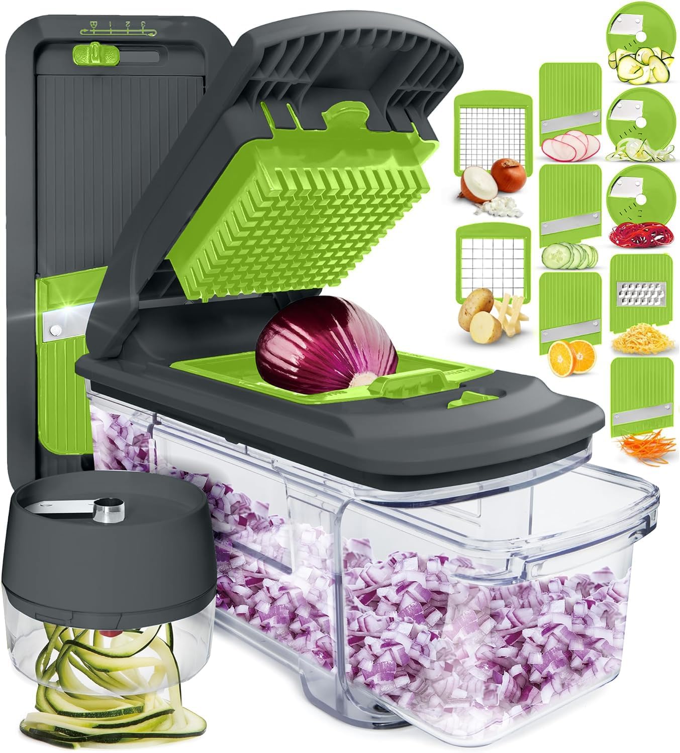 Hachoir à légumes et mandoline tout-en-un Fullstar pour cuisine - Râpe à fromage, coupe-frites, trancheuse à fromage - Spiraliseur manuel bonus inclus (6 en 1, gris/vert)