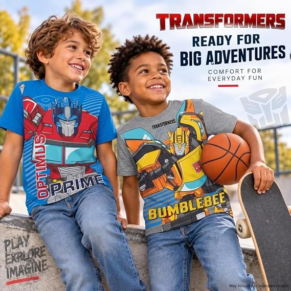 Transformers Boys 2 Pack Cotton Tee Optimus Prime Bumblebee Shirts Officially Licensed, Vibrant Soft Cotton Fabric T-Shirt, Short Sleeve Crewneck, Comfortable for School, Play & Everyday Wear