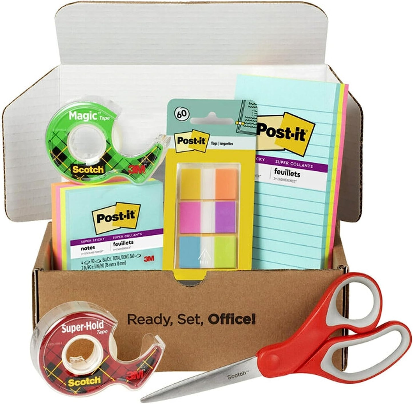 Back to School and Office Supplies -Post-it and Scotch Essentials Pack Includes Post-it Super Sticky Notes, Flags, Scotch Magic and Super Hold Tape, and Multi-Purpose Scissors