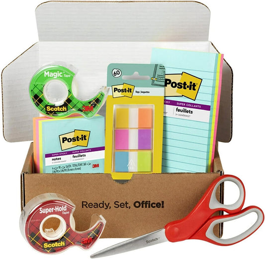 Terug Skool Toe- en Kantoorbenodigdhede - Post-it en Scotch Noodsaaklike Pak Sluit In Post-it Super Sticky Notas, Vlaggies, Scotch Magic en Super Hold Kleeflint, en Veeldoelige Skêr