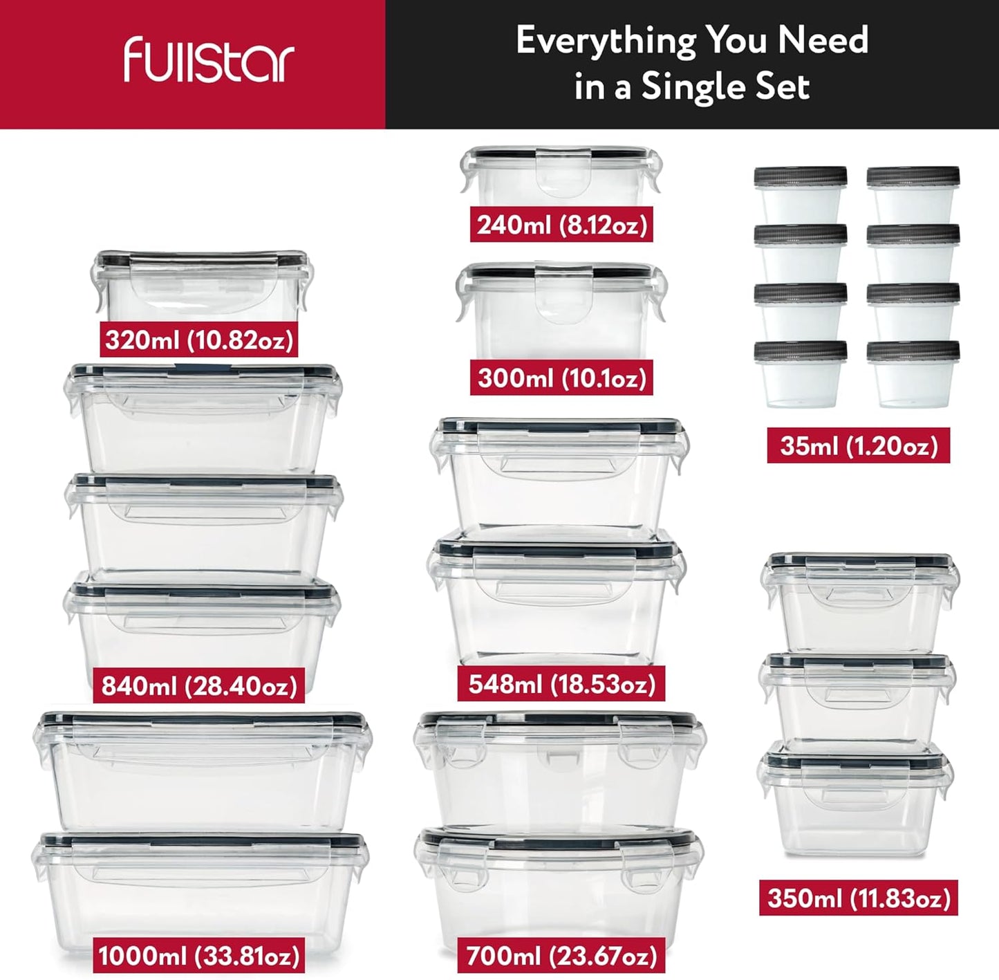 Fullstar 50-stuk plastiek-voedselhouers met deksels (24 Houers & 24 Dekels) - Lekvry, BPA-vry, Maaltydvoorbereidinghouers, Herbruikbare Middagetebêrestel vir Kombuisorganisasie (Pak van 50)