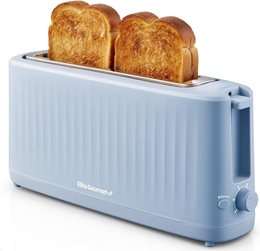Slim Toast Gourmet 2-Sny Langgleufbroodrooster, Koelaanraak-omhulsel, 6 Verbruiningskakerings, Ekstra-wye 1.5" Gleuf vir Handwerkbrood, Bagels, Wafels en Engelse Muffins - (Oseaanblou)