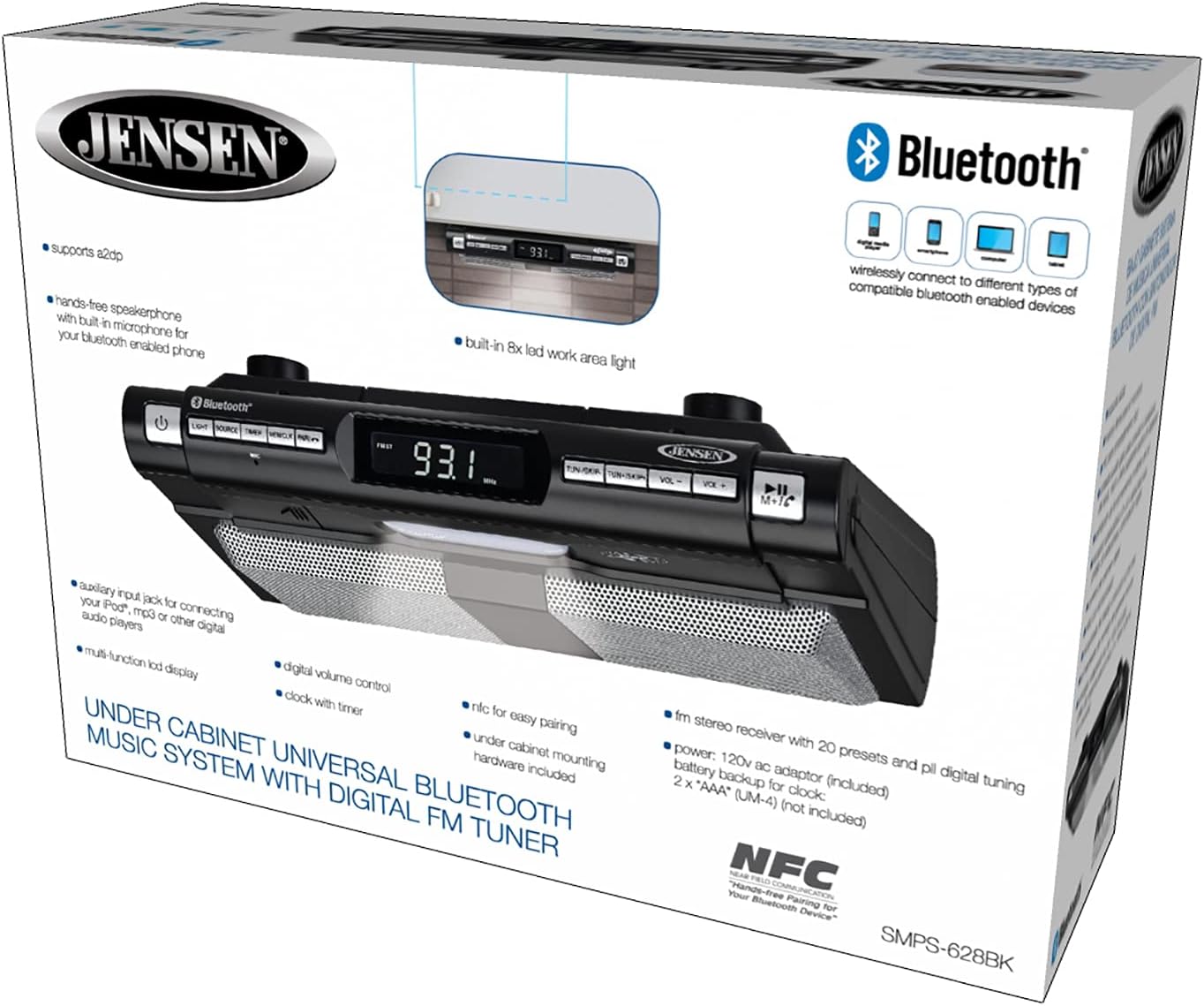 Modern Wireless Under Cabinet Kitchen Universal Bluetooth Music System, FM Radio, Clock LCD Digital Display , Built-in Hands-free Mic & Speakers (Includes Mounting Hardware)