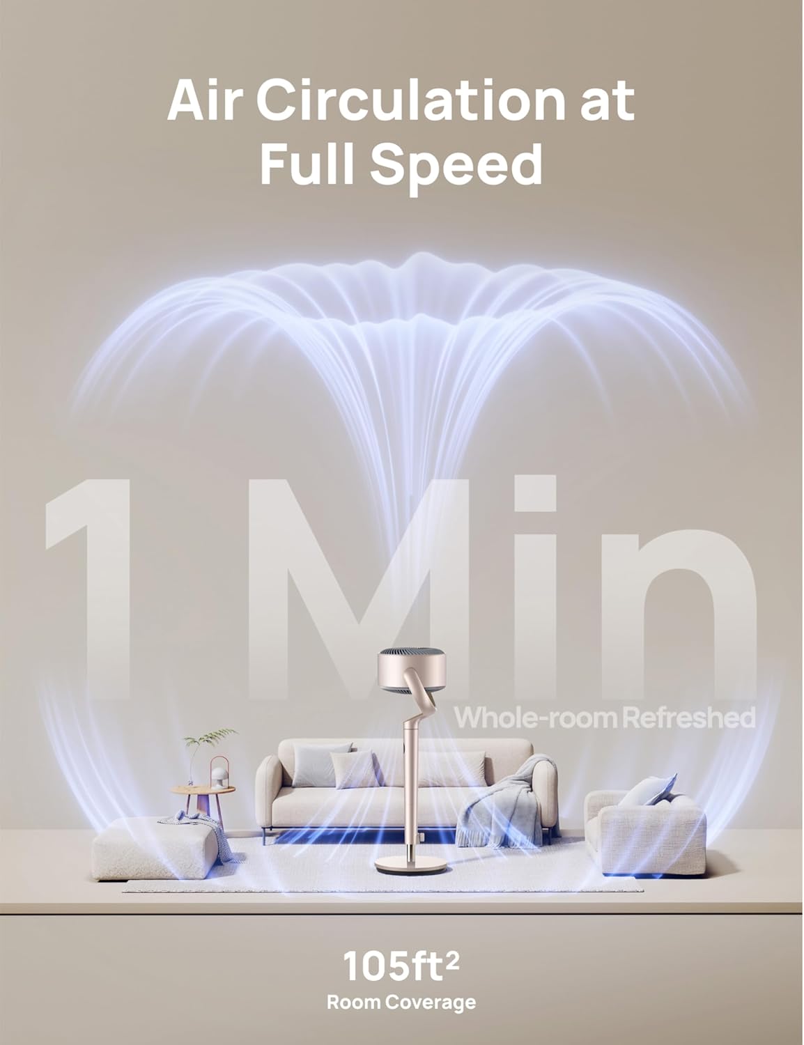 Slim Ossillerende Waaier 120° Omnidireksioneel, 90vt Stil Staander met RGB-lig, 9 Spoed, 6 Modusse 8H Tydhouer, Wi-Fi/Stem, 37-42" - Starlight
