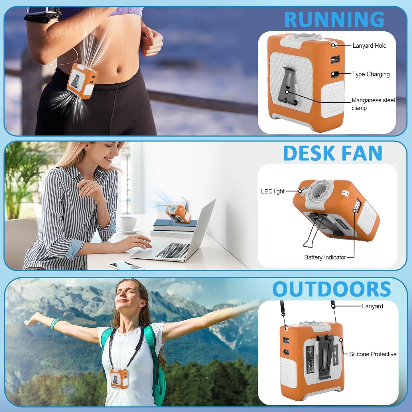 10000mAh Draagbare Middellyfwaaier met Flitslig - 5 Spoed - Oranje En Wit
