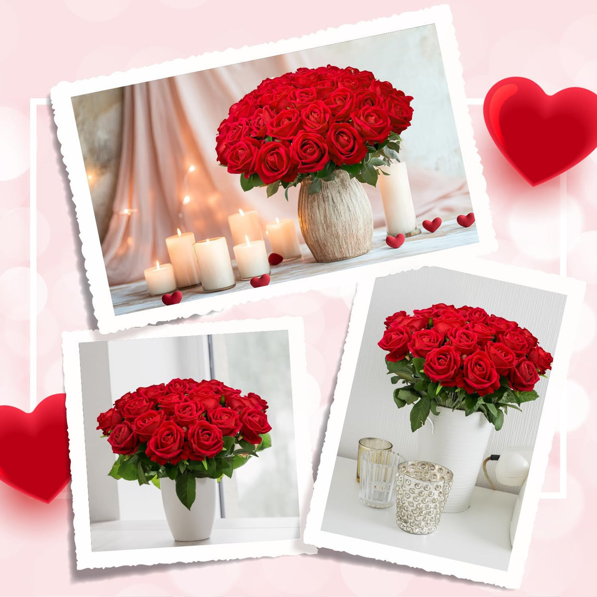50 PCS Bulk Artificial Flowers, Fake Velvet Silk Red Roses with Long Stems