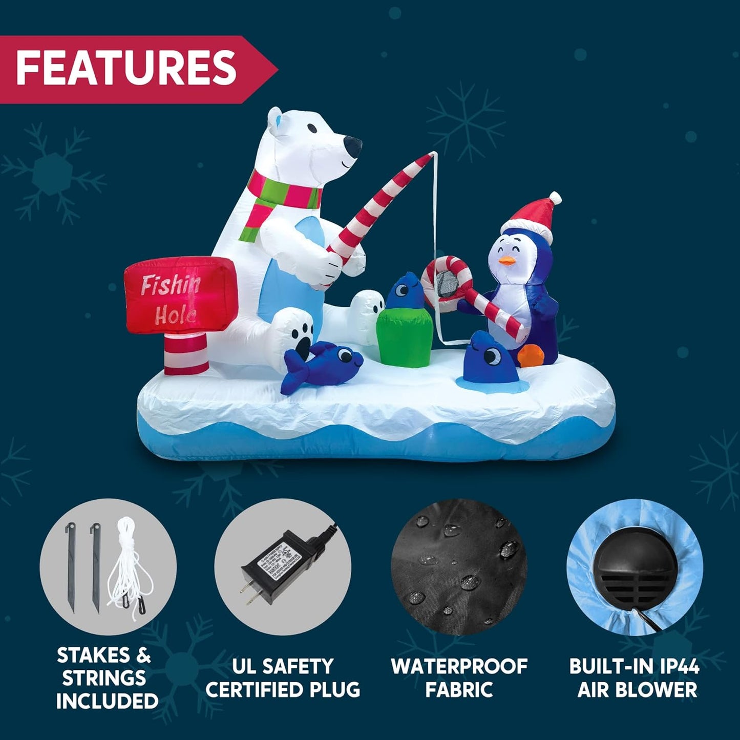 (6FT) Long Christmas Inflatable Penguin & Polar Bear Decoration, Blow Up Yard Fishing Hole Sign w/ Build-in LEDs Decorations