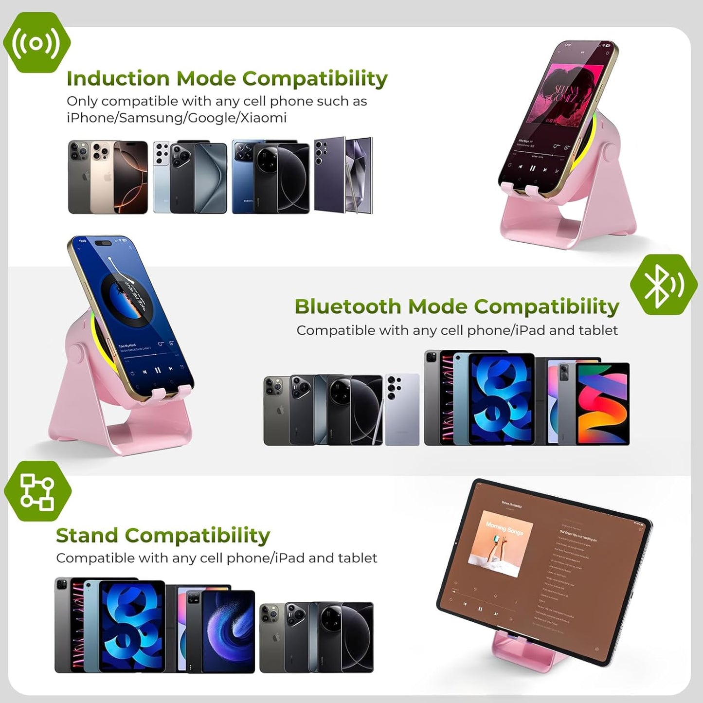 Wireless Induction Audio Bluetooth Speaker, 4 in 1 Phone Stand Speakers Amplifier with Colorful Ambient Light,360° Adjustable Holder - Pink