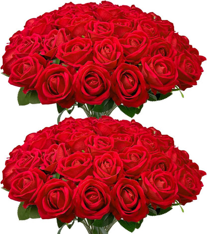 50 PCS Bulk Artificial Flowers, Fake Velvet Silk Red Roses with Long Stems