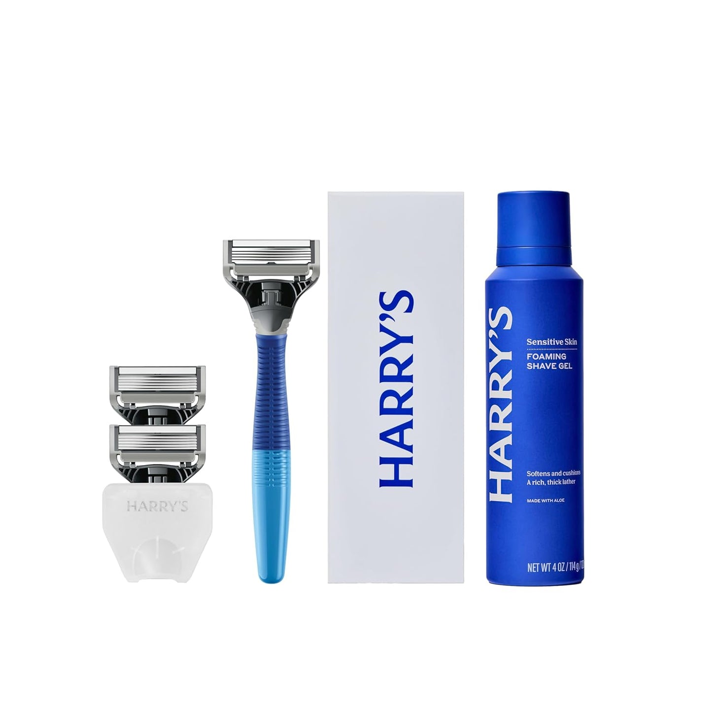 Shaving Kit for Men - Razor Handle, 3 Razor Blade Refills, Foaming Shave Gel, and Travel Blade Cover (Ocean Blue)