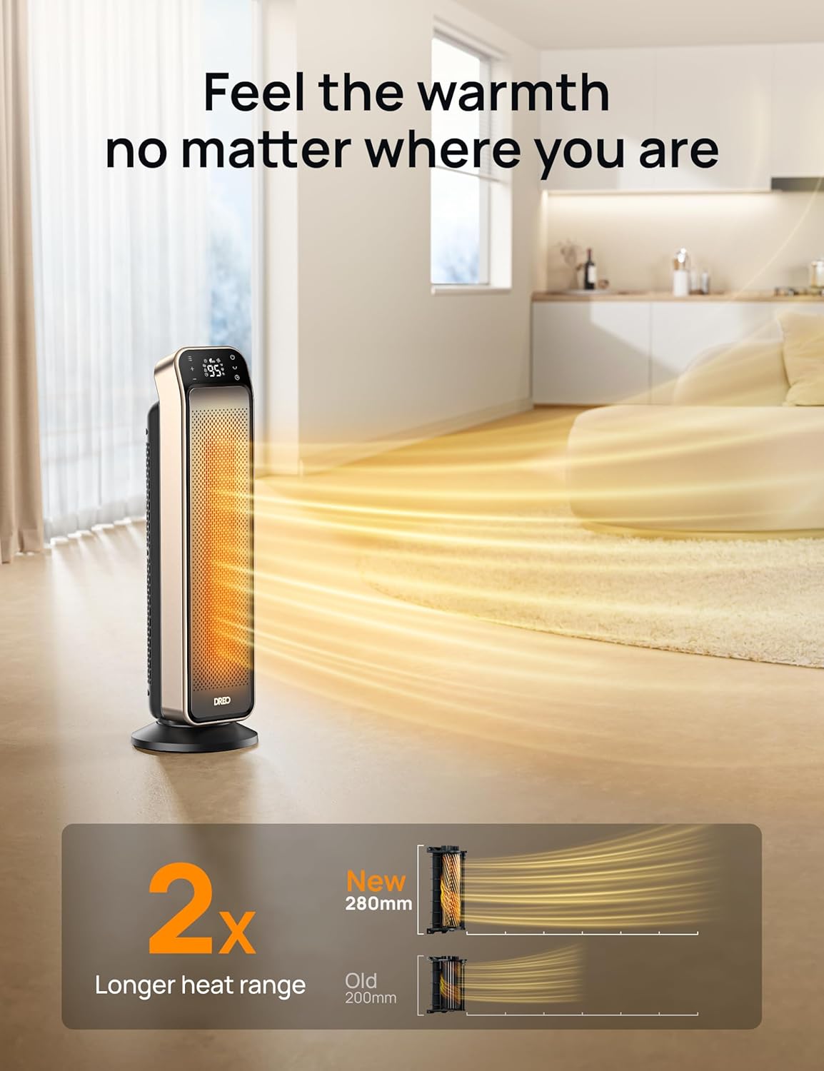 Verwarmer vir Binnenshuis, 25" 11.5vt/s Vinnig Draagbaar m/ Afstandbeheer en Teenbrandprop, 3 Modusse vir Binnenshuise Gebruik Groot Kamer - Goud