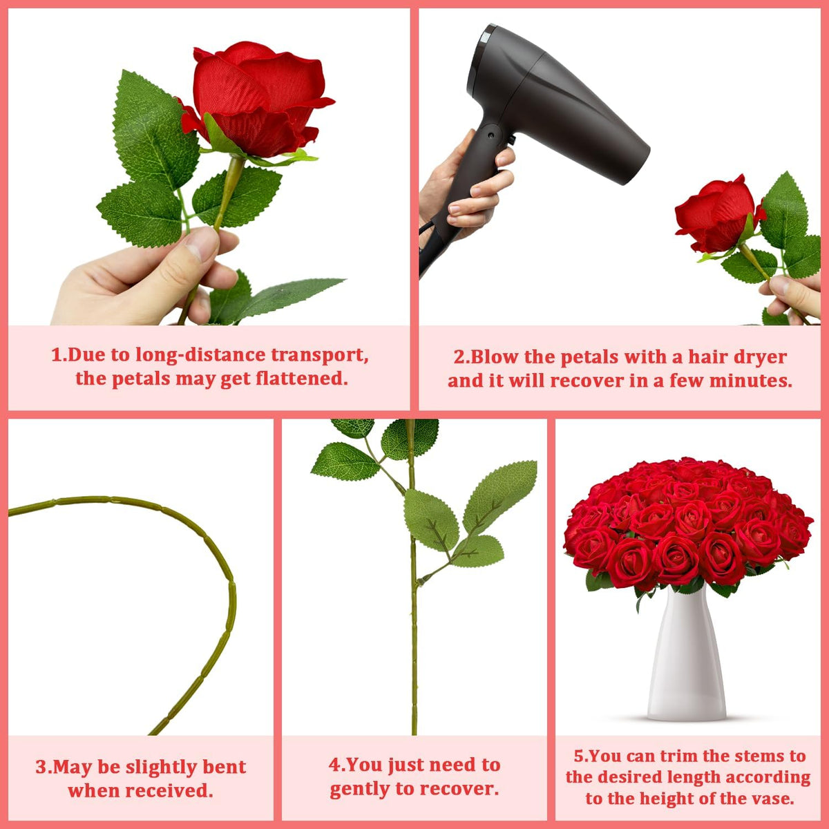 50 PCS Bulk Artificial Flowers, Fake Velvet Silk Red Roses with Long Stems
