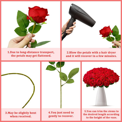 100 PCS Bulk Artificial Flowers,Fake Velvet Silk Red Roses with Long Stems