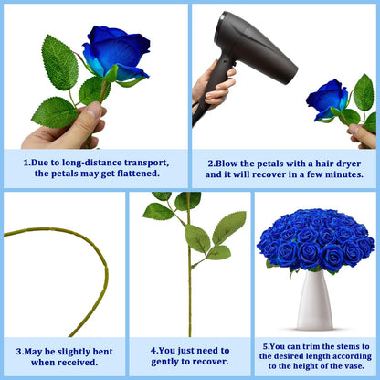 50 PCS Bulk Royal Blue Artificial Flowers, Fake Velvet Blue Roses W/ Stems