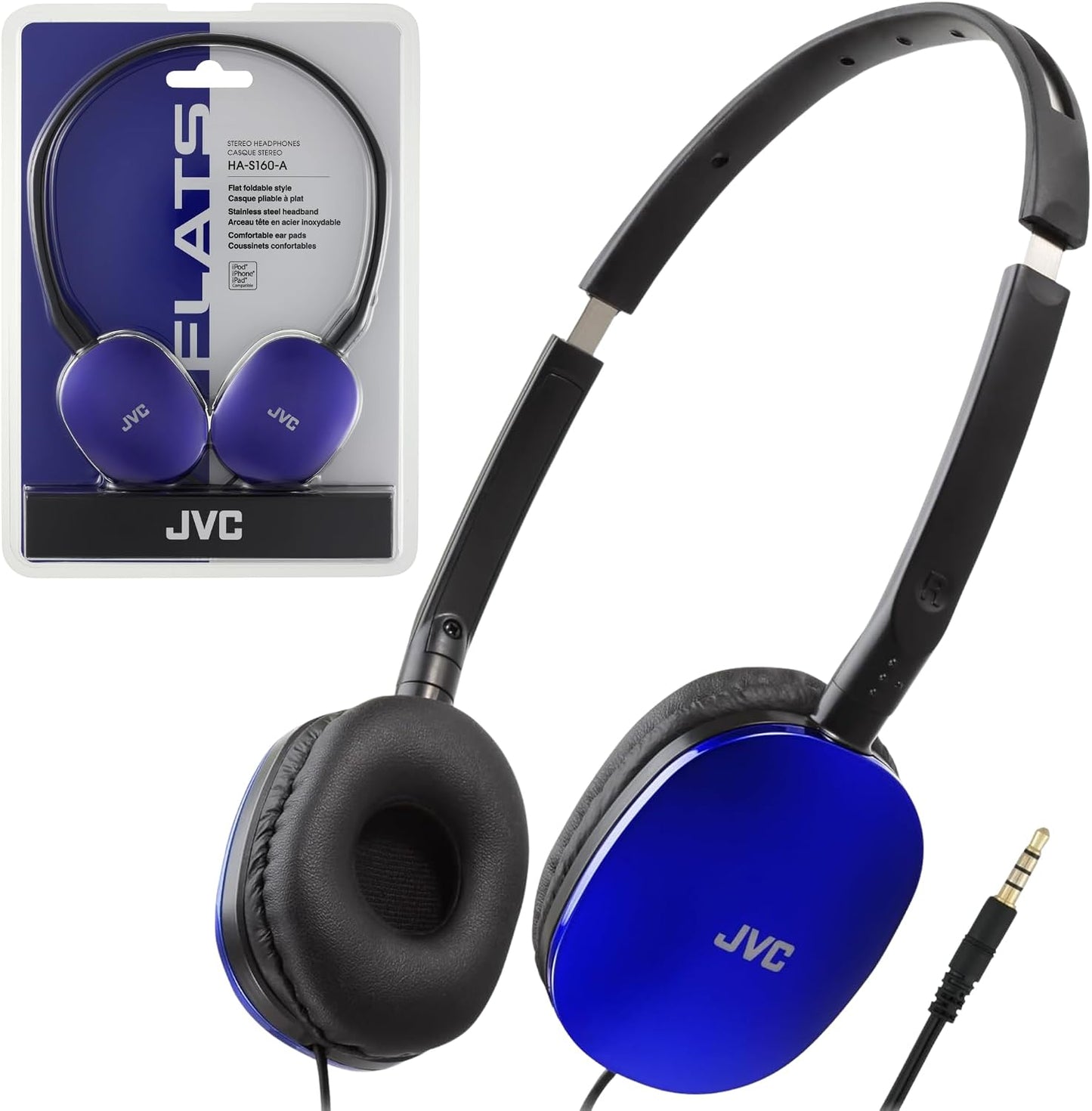 JVC Flats On-Ear Wired Headphones Flat Foldable 30mm Driver, Soft Ear-Pads for Comfort – Steel Headband - Lightweight & Portable 3.5mm Slim Plug - (BLUE))