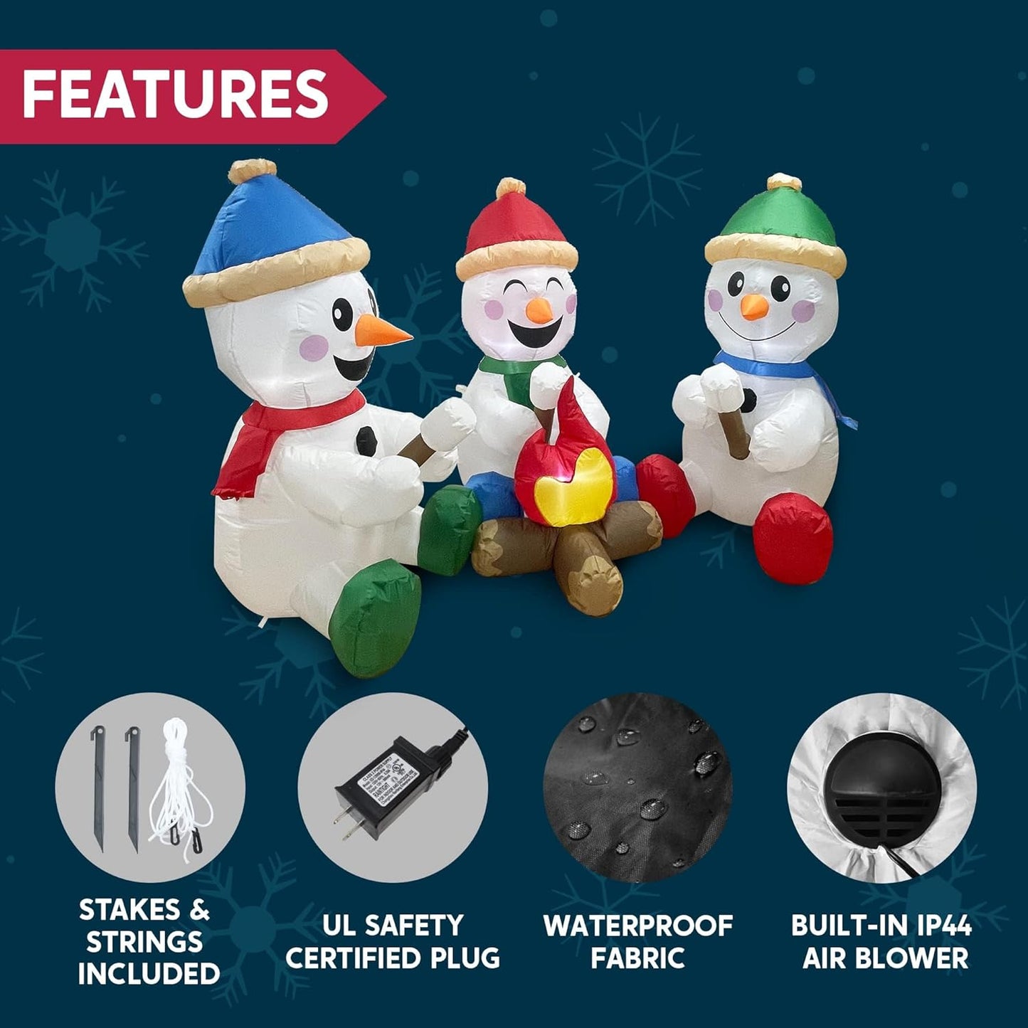 6 FT Long Christmas Inflatable Snowman w/ Campfire, 3 Pack Small Snowman Built-in LEDs Blow Up Yard Decoration