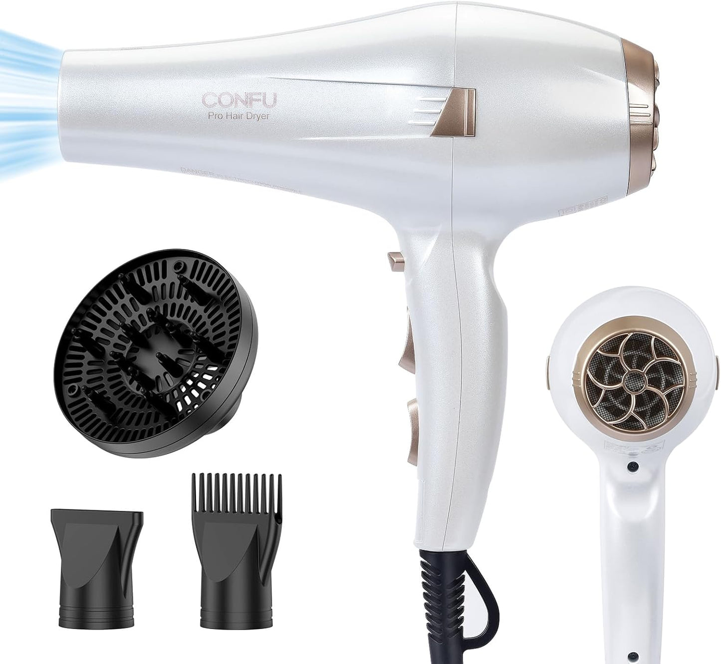 CONFU Haardroër, Professionele Ioniese Haardroër vir Salon met Diffuser vir Vroue en Mans, 5X Vinnige Droging, Kragtige en Stil Haardroër vir Vinnige en Maklike Stilering (1875 Watt)