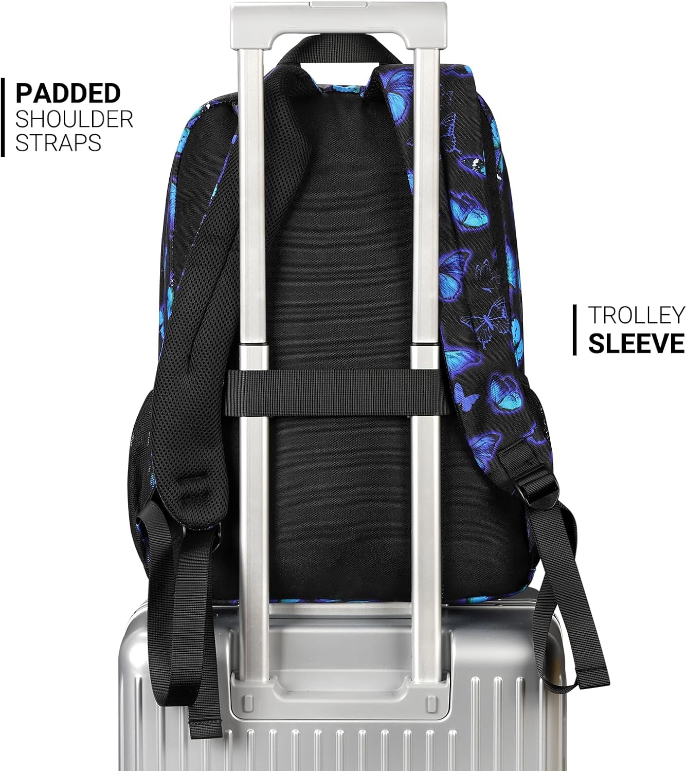 26L Backpack for School, College, and Travel: Water Resistant Bookbag with 8 Compartments - Butterfly Black